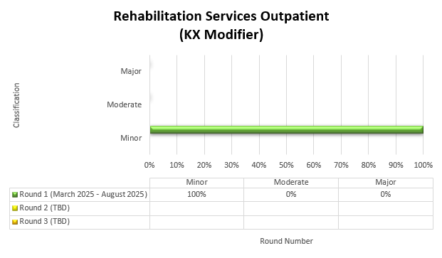 Título del gráfico: Servicios de rehabilitación ambulatoria (modificador KX) Ronda 1 (marzo de 2025-agosto de 2025) Leve (100%) Moderado (0%) Grave (0%)