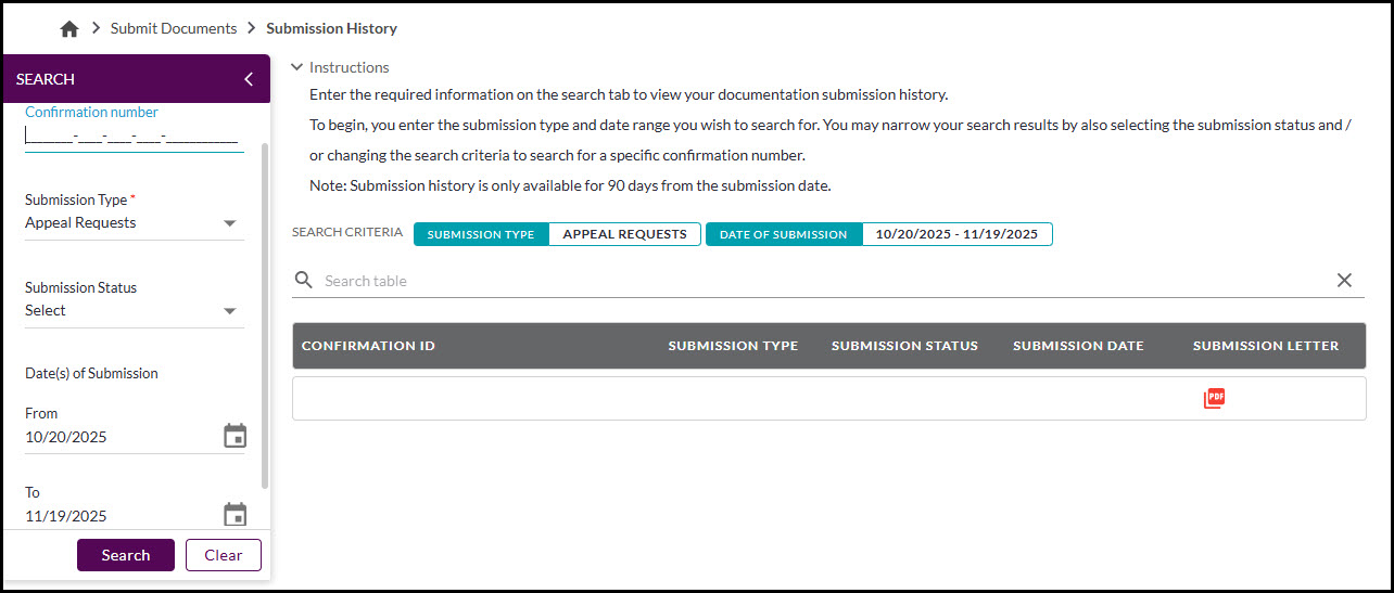 Submission History Screen