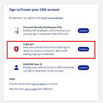 Botón de continuar en Login.gov 