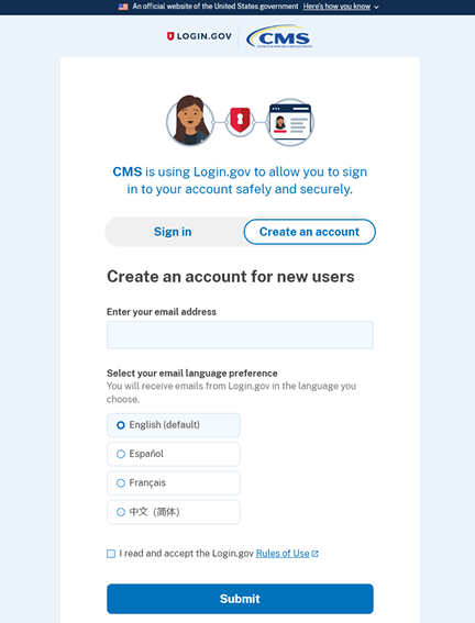 pantala de crear una cuenta en login.gov