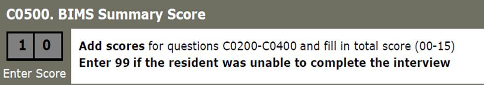 Captura de pantalla de C0500 Resumen de puntuación de BIMS