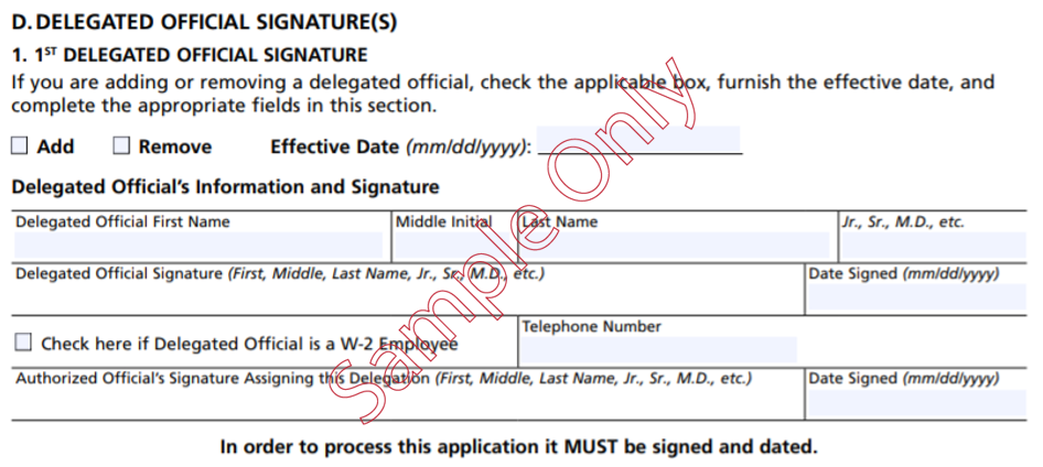 Here is a screenshot of the delegated official signature page.