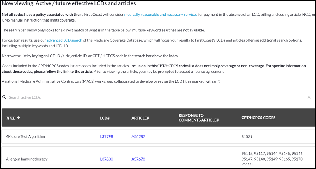 Image of First Coasl LDC lookup tool webpage.
